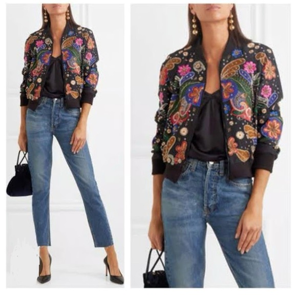 NWT Alice + Olivia Felisa Floral Embroidery Embellished Silk Bomber Jacket XS - Picture 1 of 17